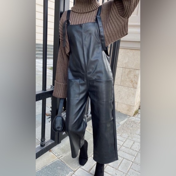 Zara Pants - Zara faux leather wide leg cropped overalls jumpsuit